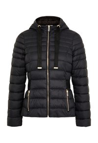 Chaqueta De Plumas Corta Para Mujer | Color Marino Con Capucha De Piel Sintética | 2 Bolsillos Con Cremallera | Ajuste En Espalda Con Elástico