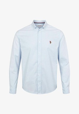 Jasnoniebieska koszula z długim rękawem na guziki z białym wzorem w paski. Zawiera małe, haftowane logo po lewej stronie klatki piersiowej.