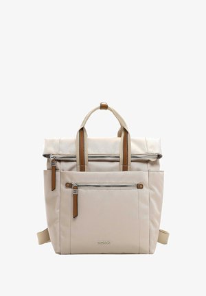 Zaino in tela beige con dettagli in pelle marrone, doppi manici superiori, scomparto principale con zip e tasca frontale con zip.