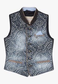 Mörkblå väst med paisleymönster, med kontrasterande bruna detaljer, fem knappar och två sidofickor. Inkluderar en ljusblå näsduk.