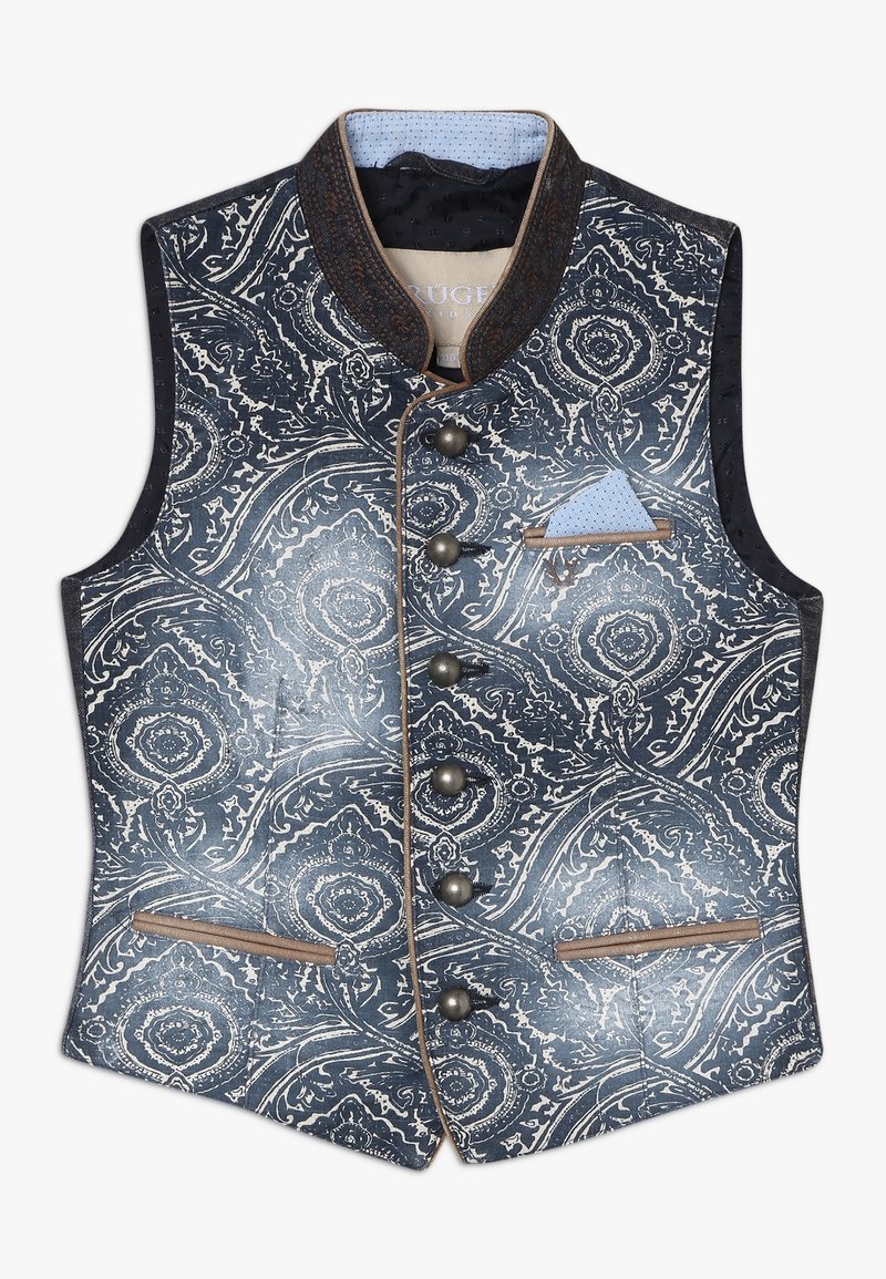 Mörkblå väst med paisleymönster, med kontrasterande bruna detaljer, fem knappar och två sidofickor. Inkluderar en ljusblå näsduk.