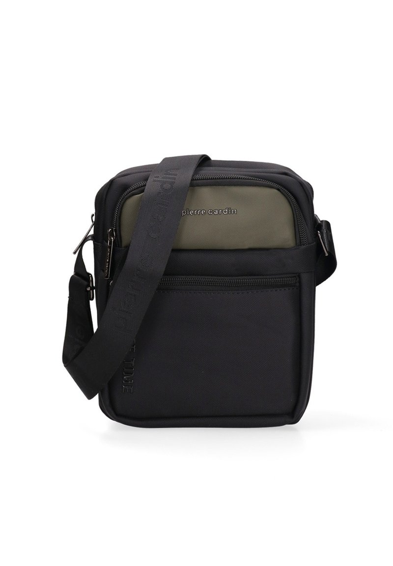 Borsa a tracolla nera con un pannello frontale in oliva a contrasto, realizzata in tessuto resistente, con chiusura a zip e tracolla regolabile.