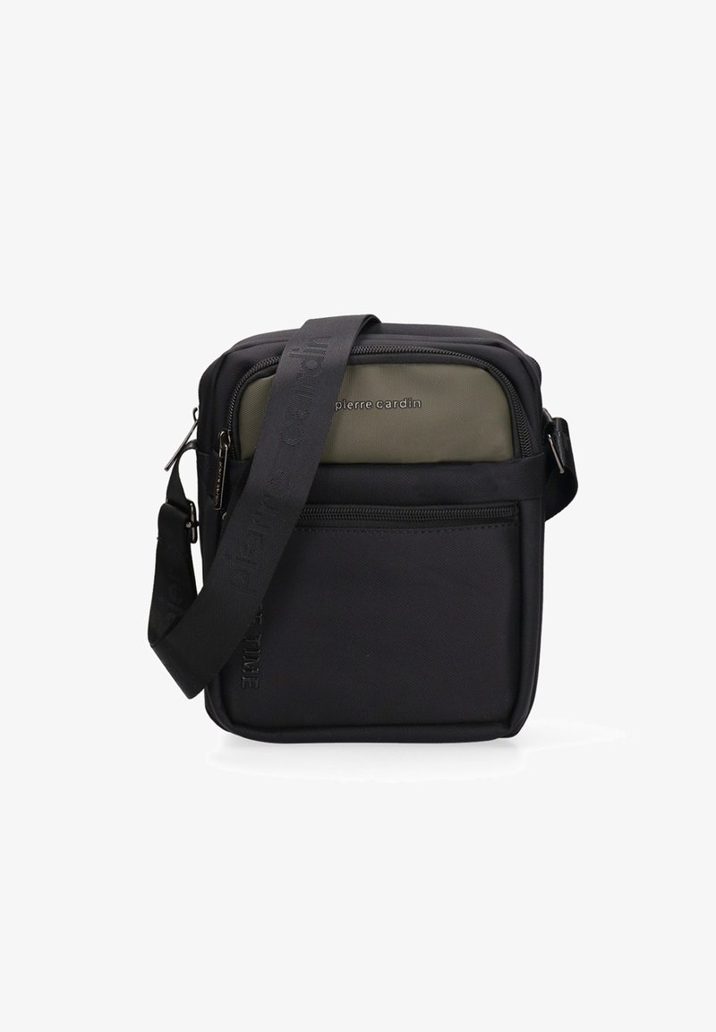 Borsa a tracolla nera con un pannello frontale in oliva a contrasto, realizzata in tessuto resistente, con chiusura a zip e tracolla regolabile.