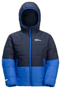 Giacca a vento imbottita con parte superiore blu navy e parte inferiore blu brillante. Presenta un cappuccio, chiusura frontale con zip e logo sul petto.
