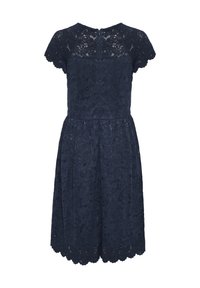 Navy blue lace dress with short sleeves, round neckline, and scalloped hem. Features floral pattern and fitted bodice with flared skirt.