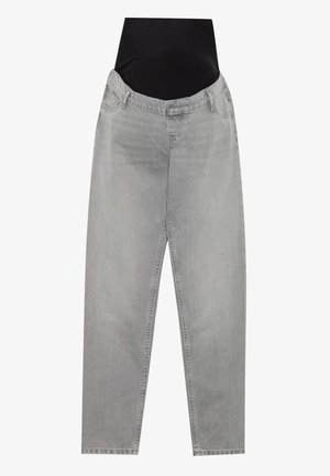 Lys grå denimjeans med vid bendesign, som har en svart, elastisk høy midje-panel og vanlige lommer foran.