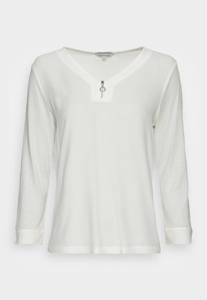 Wit shirt met lange mouwen, V-hals en voorrits met ronde trekker, maat small, effen stof, relaxte pasvorm.