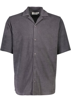 Grijze korte mouwen overhemd met knopen, gemaakt van zacht materiaal, met een kraag en knopen aan de voorkant, met een gladde textuur.