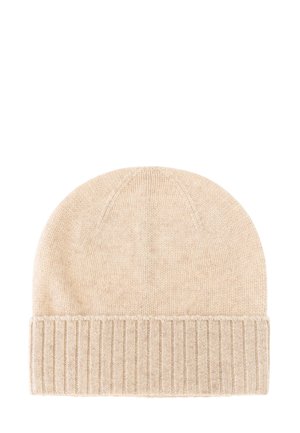 Knit beanie in light beige, featuring a ribbed cuff and smooth texture, with a rounded top for a snug fit.