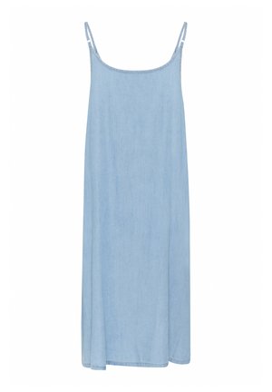 Lyseblå denimkjole med spaghettistropper, en A-linje silhuet og en glat tekstur. Længden når over anklerne.