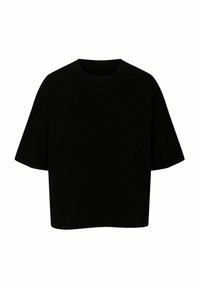 Czarny skrócony t-shirt wykonany z bawełny, z krótkimi rękawami, okrągłym dekoltem i subtelnym logo nadrukowanym w pobliżu dekoltu. Gładka tekstura.