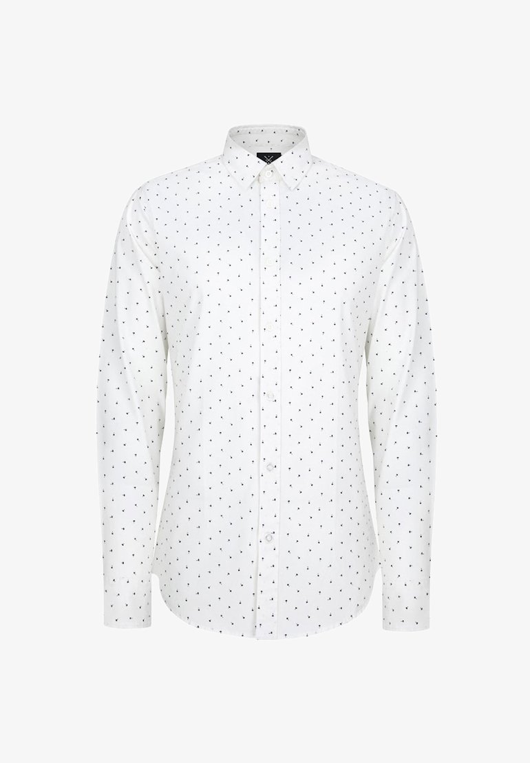 Biała koszula z długim rękawem i kołnierzykiem zapinanym na guziki, ozdobiona małymi czarnymi kropeczkami na całej powierzchni oraz prostym dołem. Guziki z przodu.