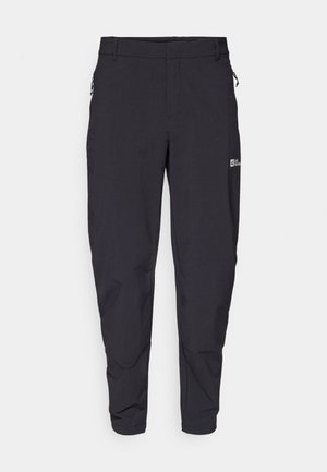 Dark gray, lightweight outdoor pants with a slim fit, elastic waistband, zippered pockets, and subtle logo detail on the side.