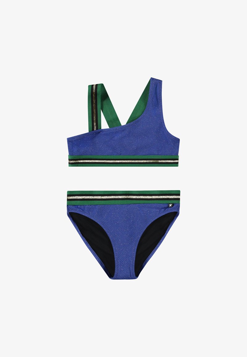Ensemble de maillots de bain deux pièces comprenant un haut texturé bleu avec des bretelles vertes et un dos croisé ajustable, associé à une culotte assortie avec des accents rayés.