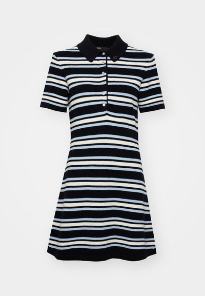 Short-sleeved polo dress with a fitted bodice and flared skirt, featuring navy, light blue, and white horizontal stripes, and three buttons.
