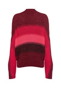 Flauschiger Strickpullover mit langen Ärmeln, der horizontale Streifen in Rot- und Burgundertönen aufweist.