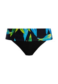 Černé bikiny s květovaným páskem, na kterém jsou modré a zelené listy na tmavém pozadí. Hladká textura a přiléhavý střih.