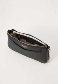 Black leather pouch with a gold zipper, featuring a smooth texture and a logo accent. Interior has a light lining with a zip pocket.