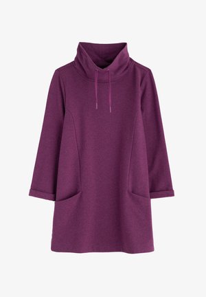 Paarse sweatshirt jurk met lange mouwen, een capuchon en twee zijzakken. Gemaakt van zacht materiaal, met opgerolde manchetten en verstelbare koorden.