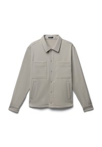 Giacca camicia grigia chiara, con colletto, due tasche sul petto, tasche laterali e una texture di tessuto liscia.
