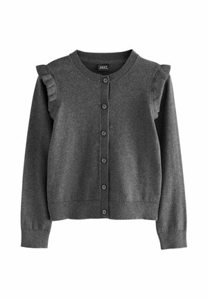 Cardigan boutonné gris foncé avec col rond et petits volants courts aux épaules, manches longues et poignets et ourlet côtelés.