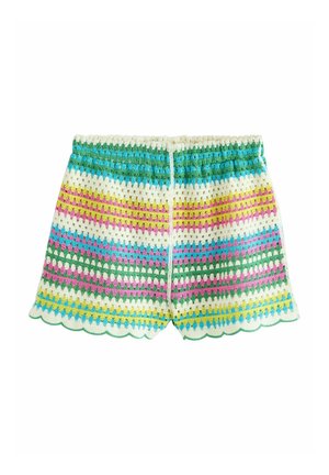 Hæklet shorts med horisontale striber i hvid, blå, grøn, pink og gul, med en bølget kant og elastisk talje med snor.