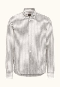 Gestreept shirt in beige en wit, gemaakt van linnen. Heeft een button-down kraag, lange mouwen en een gebogen zoom met contrasterende manchetstrepen.