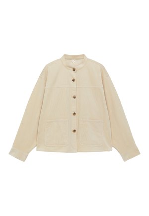 Beige corduroy jacket with round collar, five front buttons, long sleeves, and two large front patch pockets.