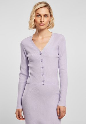 Lilac ribbed cardigan with long sleeves, V-neckline, and six small buttons down the front. Soft texture with a fitted design.