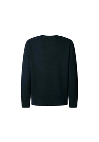 Tamsiai mėlynas megztinis su apvalia iškirpte, ilgomis rankovėmis ir tekstūruotu paviršiumi. Nėra matomų raštų ar akcentų.