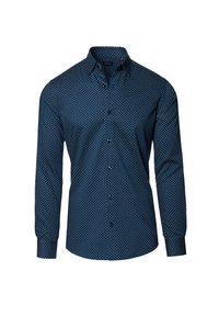 Granatowa, długoskalowa koszula z guzikami w białe kropki, z klasycznym kołnierzykiem i zapięciem na guziki przy mankietach. Tkanina z mieszanki bawełny.