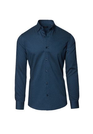 Granatowa, długoskalowa koszula z guzikami w białe kropki, z klasycznym kołnierzykiem i zapięciem na guziki przy mankietach. Tkanina z mieszanki bawełny.