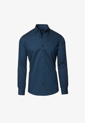 Granatowa, długoskalowa koszula z guzikami w białe kropki, z klasycznym kołnierzykiem i zapięciem na guziki przy mankietach. Tkanina z mieszanki bawełny.