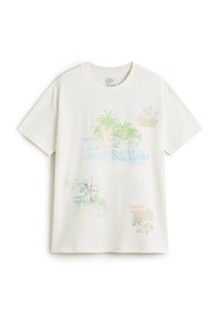 Witte katoenen t-shirt met korte mouwen, met kleurrijke tropische graphics en de tekst "St. Vans" in het blauw, samen met verschillende geïllustreerde details.