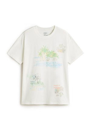 White cotton t-shirt with short sleeves, featuring colorful tropical graphics and text "St. Vans" in blue, along with various illustrated details.