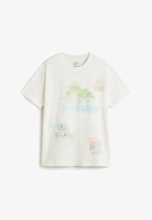 Weißes Baumwoll-T-Shirt mit kurzen Ärmeln, ausgestattet mit bunten tropischen Grafiken und dem Text "St. Vans" in Blau, sowie verschiedenen illustrierten Details.