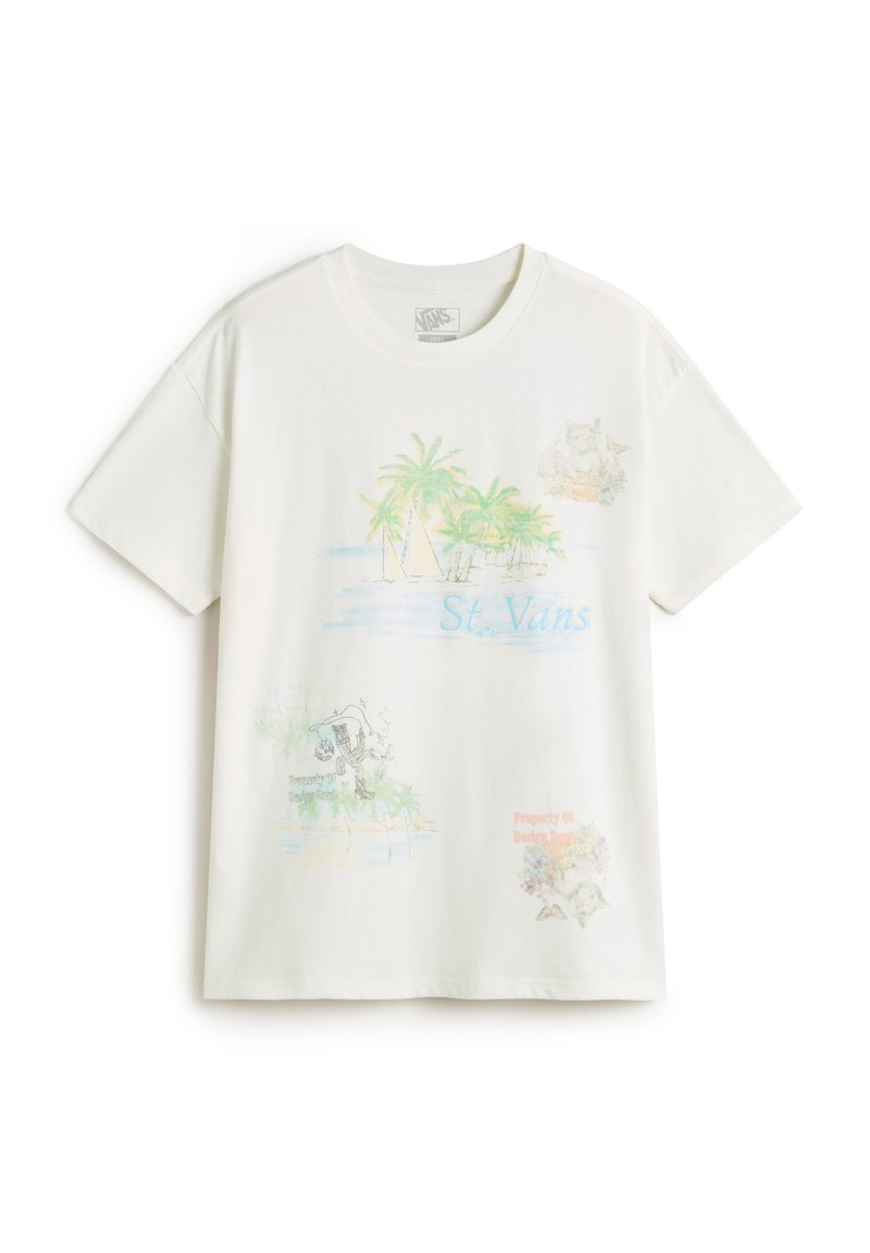 Witte katoenen t-shirt met korte mouwen, met kleurrijke tropische graphics en de tekst "St. Vans" in het blauw, samen met verschillende geïllustreerde details.