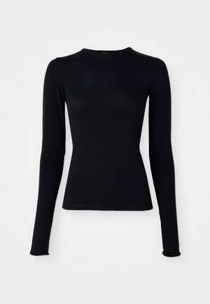 Zwarte lange mouwen top van een gladde, rekbare stof. Heeft een hoge halslijn en een slim fit, met licht uitlopende manchetten.