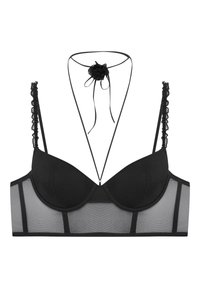 Czarny stanik z gładkimi miseczkami i przezroczystymi siateczkowymi bokami. Posiada falbaniaste ramiączka oraz dekoracyjny kwiatowy akcent z wiązaniami na środku.