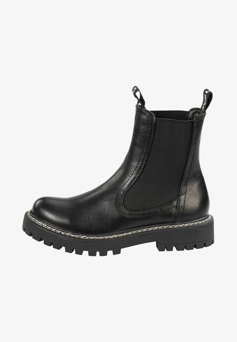 Botte Chelsea en cuir noir avec panneaux latéraux élastiques, languettes de traction, semelle épaisse à crampons et couture blanche le long du bord de la semelle.