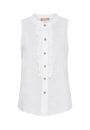 Hvid ærmeløs bluse lavet af linned, med en rynket front, knaplukning og en rund krave. Enkel, struktureret overflade, afslappet design.