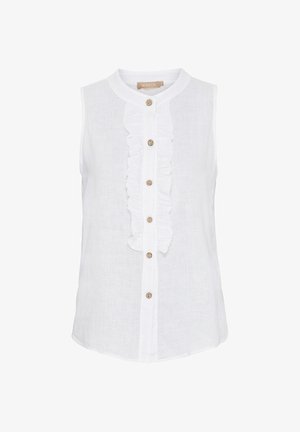 Hvid ærmeløs bluse lavet af linned, med en rynket front, knaplukning og en rund krave. Enkel, struktureret overflade, afslappet design.