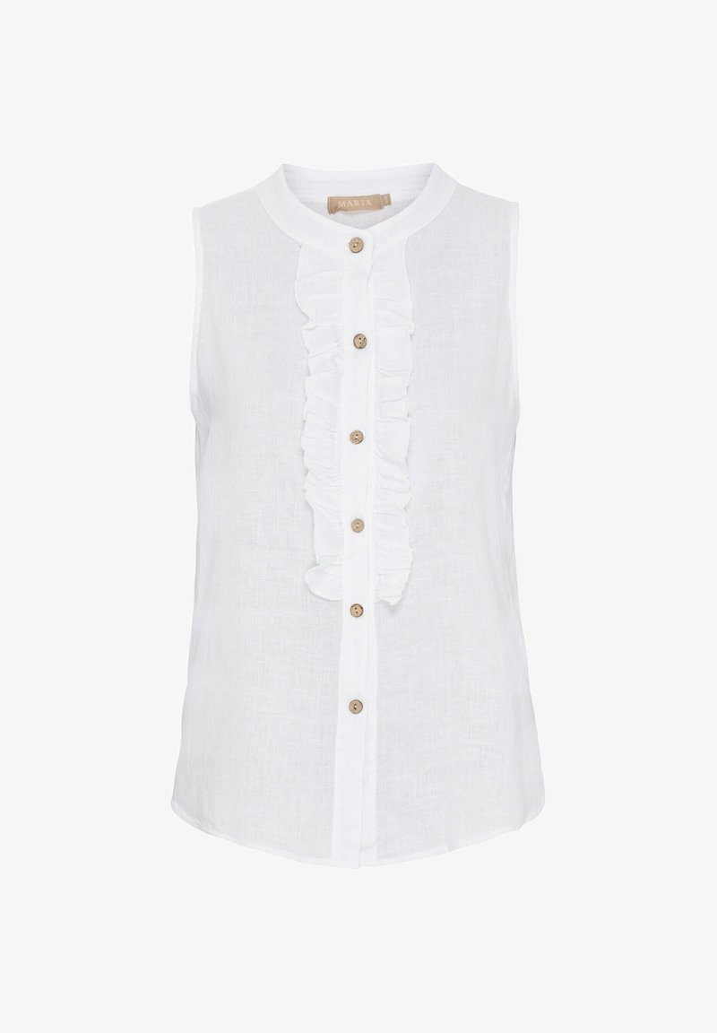 Hvid ærmeløs bluse lavet af linned, med en rynket front, knaplukning og en rund krave. Enkel, struktureret overflade, afslappet design.