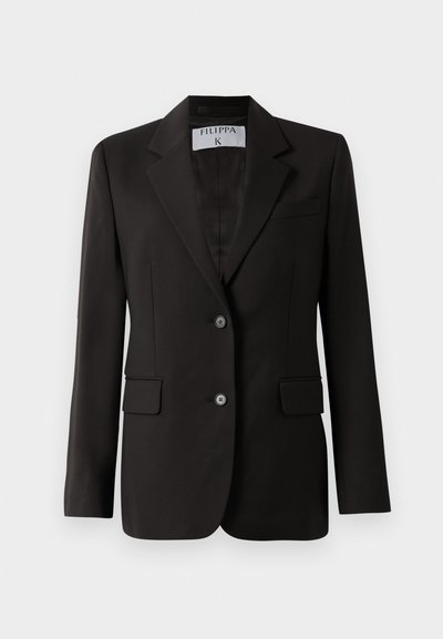 Černý dobře padnoucí dvoubarevný blazer s klopami a kapsami na klopy, označený "Filippa K" uvnitř límce.