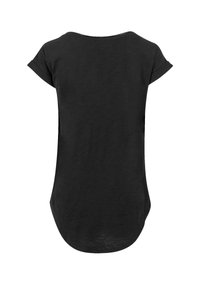 Black short-sleeve t-shirt with a rounded neckline, curved hem, and a relaxed fit. Fabric has a soft, smooth texture.