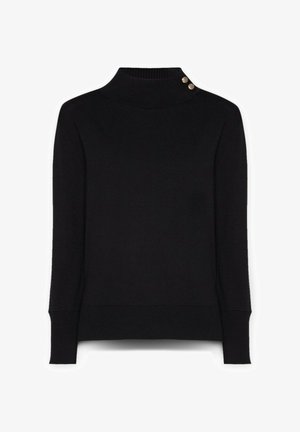 Mustan neuleen korkea kaulusneule, jossa on pitkät hihat, ribbikuvio ja kolme metallista nappia vasemmalla olkapäällä.