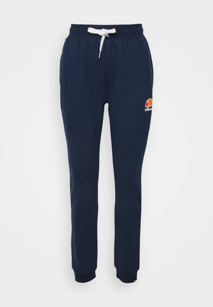 Navy blue sweatpants with a drawstring waist, elastic cuffs, and small embroidered logo. Made of soft fabric with a smooth texture.