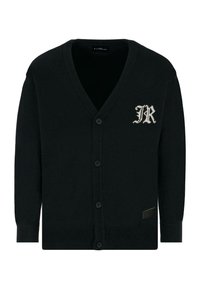 Cardigan nero realizzato in morbido tessuto a maglia. Caratterizzato da un collo a V, chiusura con sei bottoni e un logo "JR" bianco sul petto sinistro. Maniche e orlo a coste.