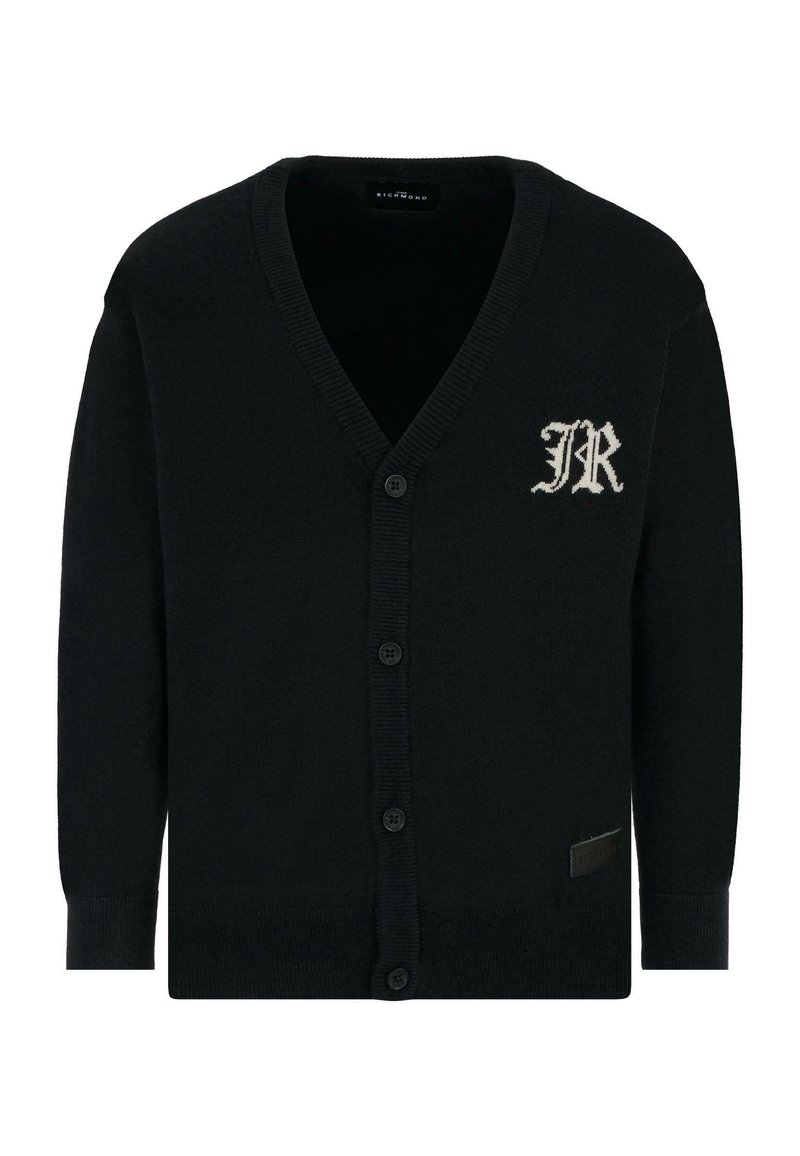 Cardigan nero realizzato in morbido tessuto a maglia. Caratterizzato da un collo a V, chiusura con sei bottoni e un logo "JR" bianco sul petto sinistro. Maniche e orlo a coste.
