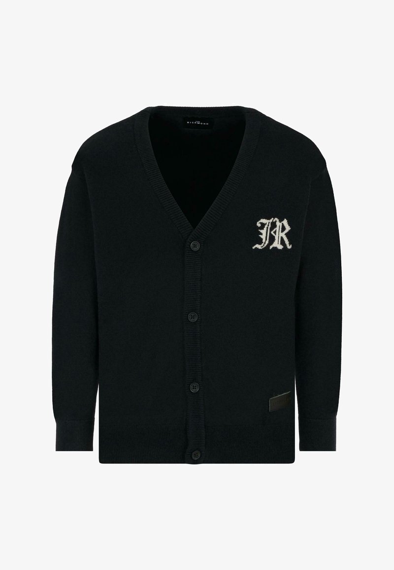 Cardigan nero realizzato in morbido tessuto a maglia. Caratterizzato da un collo a V, chiusura con sei bottoni e un logo "JR" bianco sul petto sinistro. Maniche e orlo a coste.
